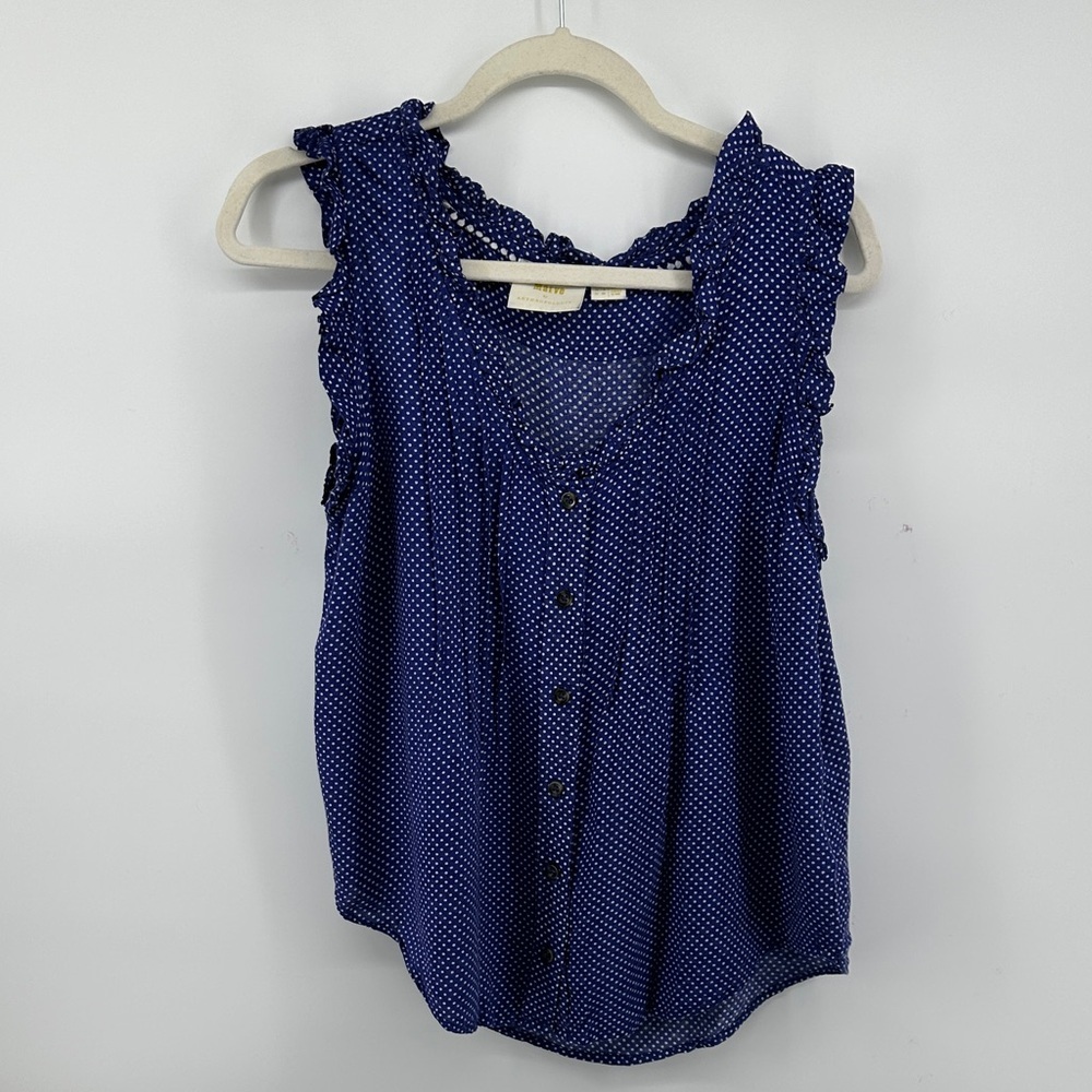 Maeve Y2K Timeless Boho Cottagecore Nautical Chic BluePolka Dot RuffleBlouse Sz8